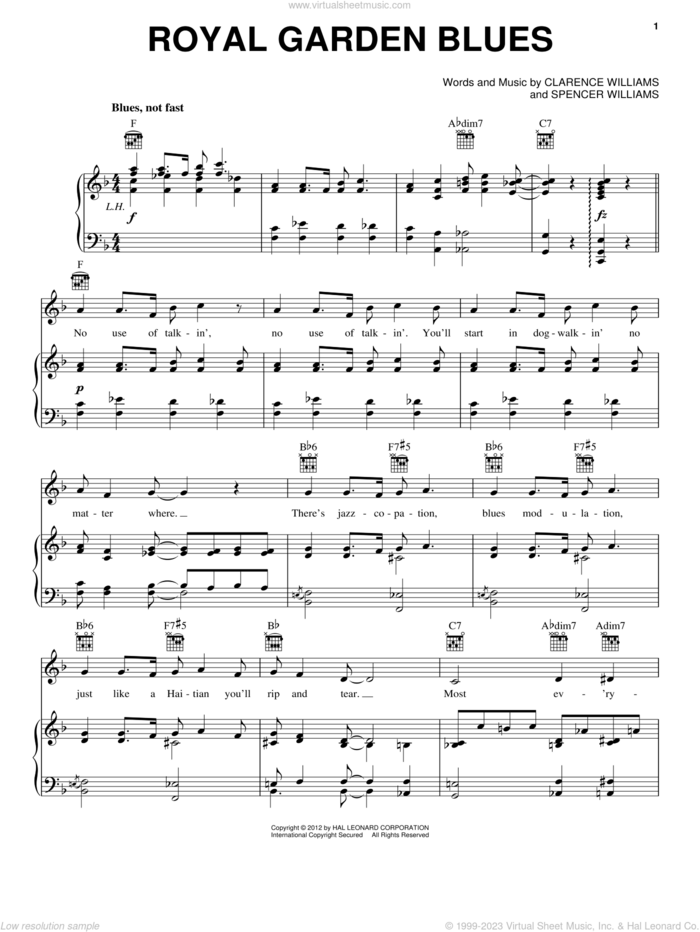Royal Garden Blues sheet music for voice, piano or guitar by Spencer Williams and Clarence Williams, intermediate skill level