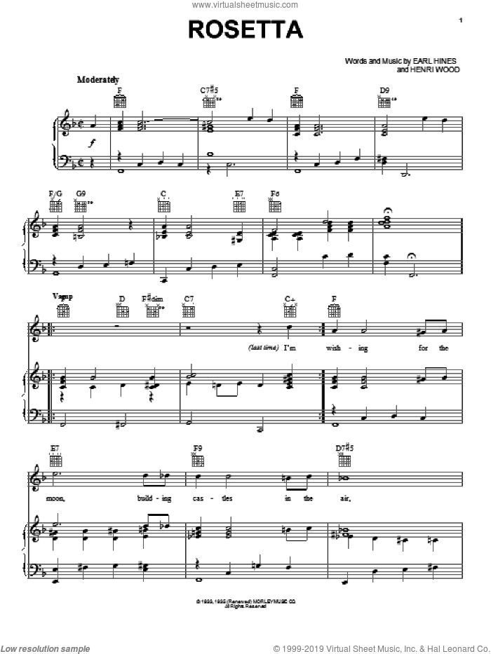 Rosetta sheet music for voice, piano or guitar by Earl Hines and Henri Wood, intermediate skill level