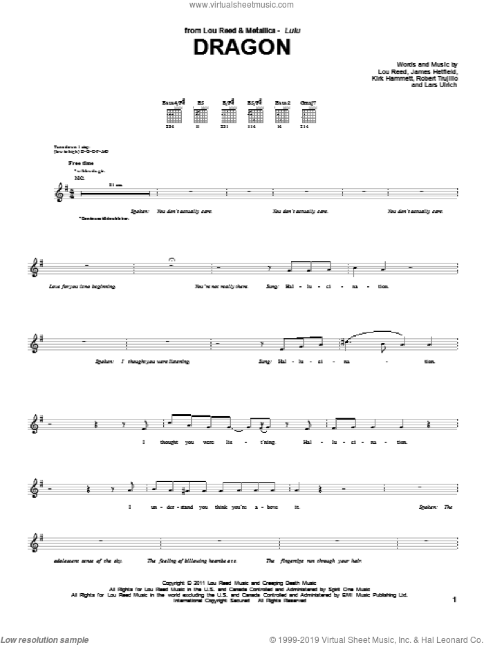 Dragon sheet music for guitar (tablature) by Lou Reed & Metallica, James Hetfield, Kirk Hammett, Lou Reed and Robert Trujillo, intermediate skill level