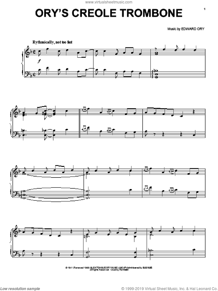 Ory's Creole Trombone sheet music for voice, piano or guitar by Edward 'Kid' Ory, intermediate skill level