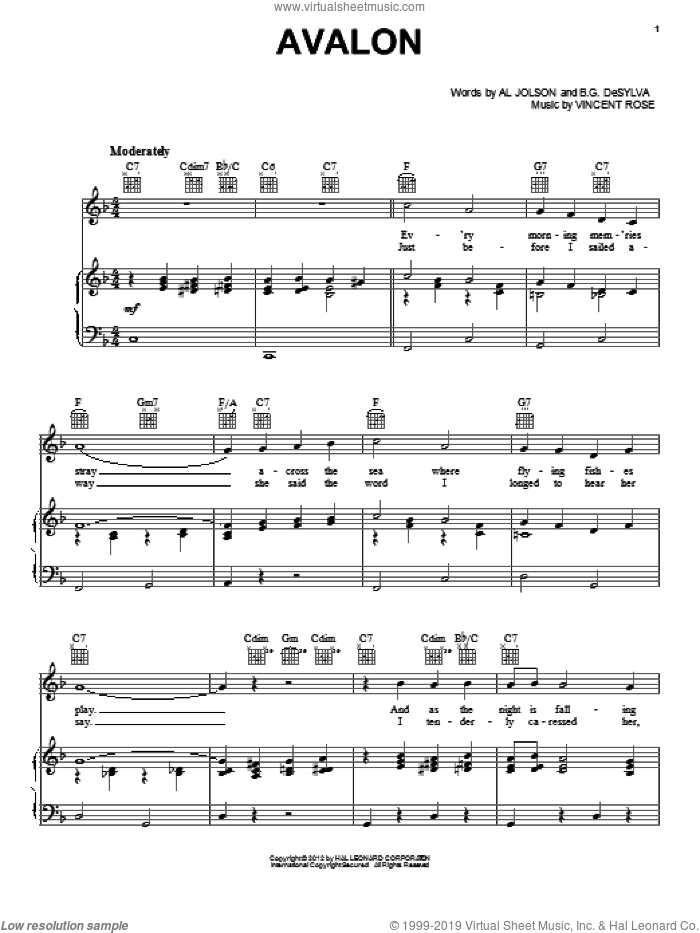 Avalon sheet music for voice, piano or guitar by Vincent Rose, Al Jolson and Buddy DeSylva, intermediate skill level