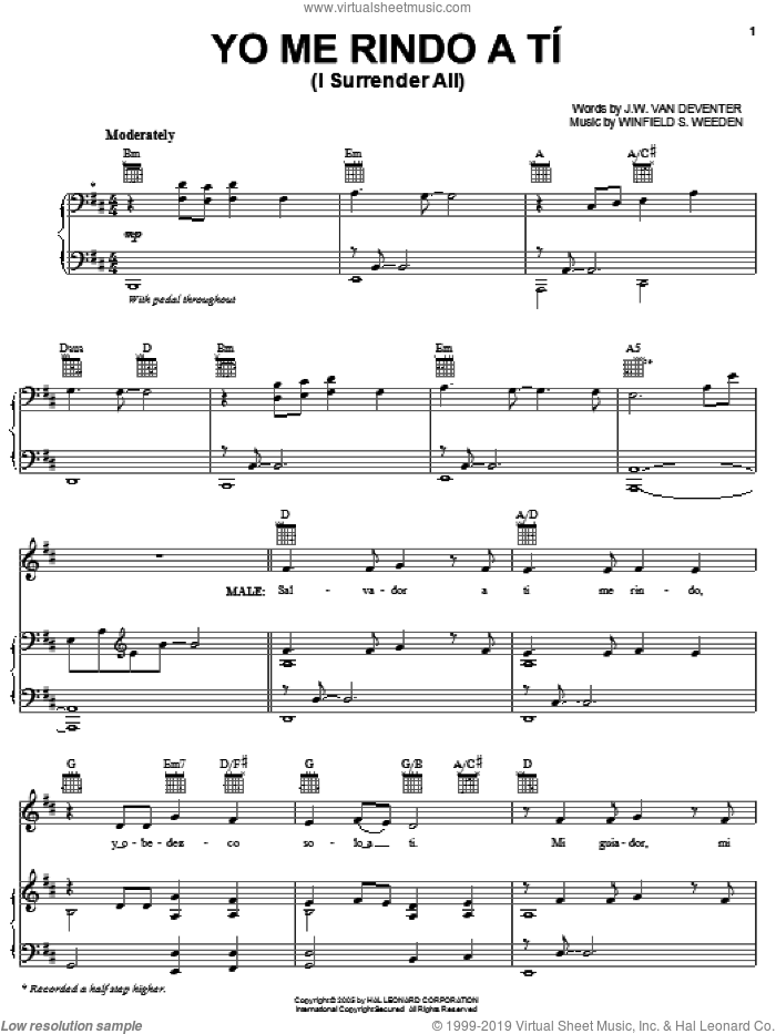 Yo Me Rindo A Ti (I Surrender All) sheet music for voice, piano or guitar by Judson W. Van De Venter and Winfield S. Weeden, intermediate skill level