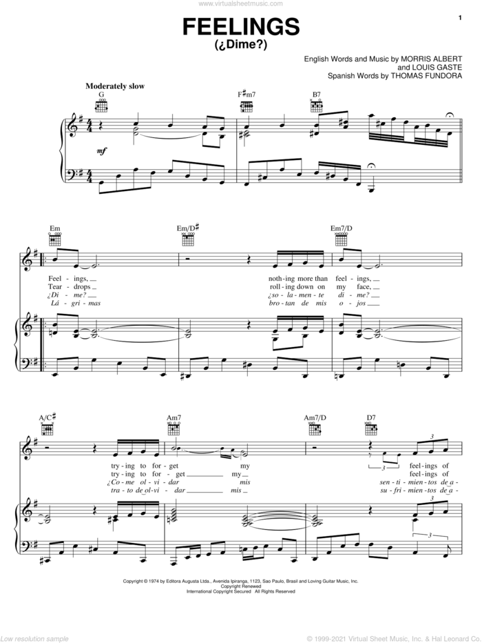 Feelings sheet music for voice, piano or guitar by Morris Albert, Louis Gaste and Thomas Fundora, intermediate skill level