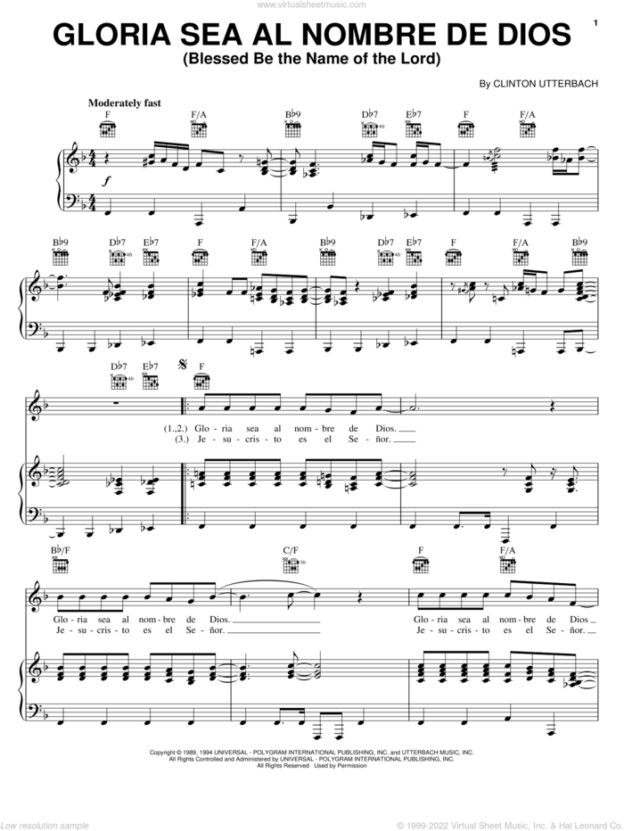 Gloria Sea Al Nombre De Dios (Blessed Be The Name Of The Lord) sheet music for voice, piano or guitar by Clinton Utterbach, intermediate skill level