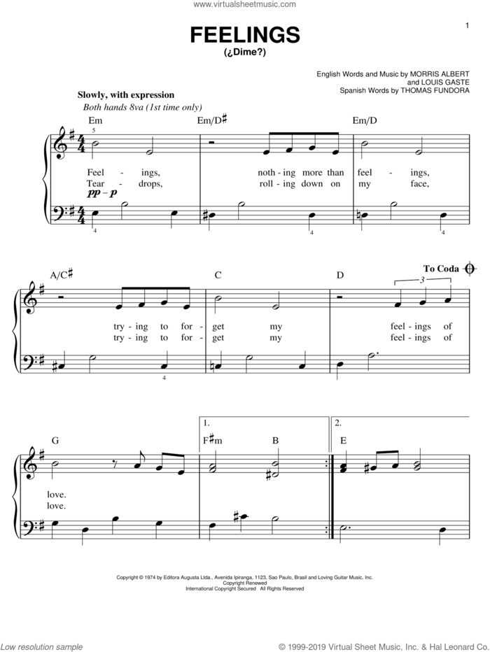 Feelings sheet music for piano solo by Morris Albert, Louis Gaste and Thomas Fundora, easy skill level