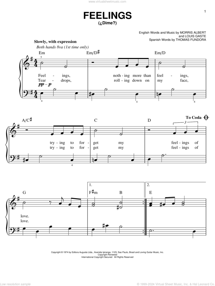 Feelings sheet music for piano solo by Morris Albert, Louis Gaste and Thomas Fundora, easy skill level