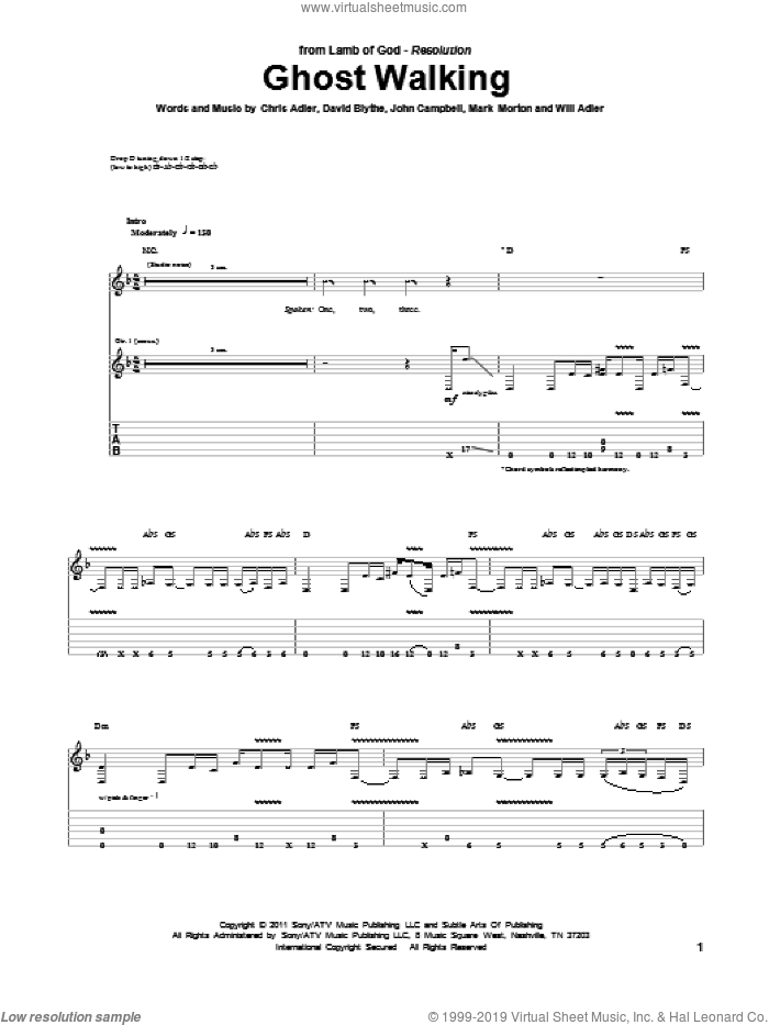 Ghost Walking sheet music for guitar (tablature) by Lamb Of God, Chris Adler, David Blythe, John Campbell, Mark Morton and Will Adler, intermediate skill level