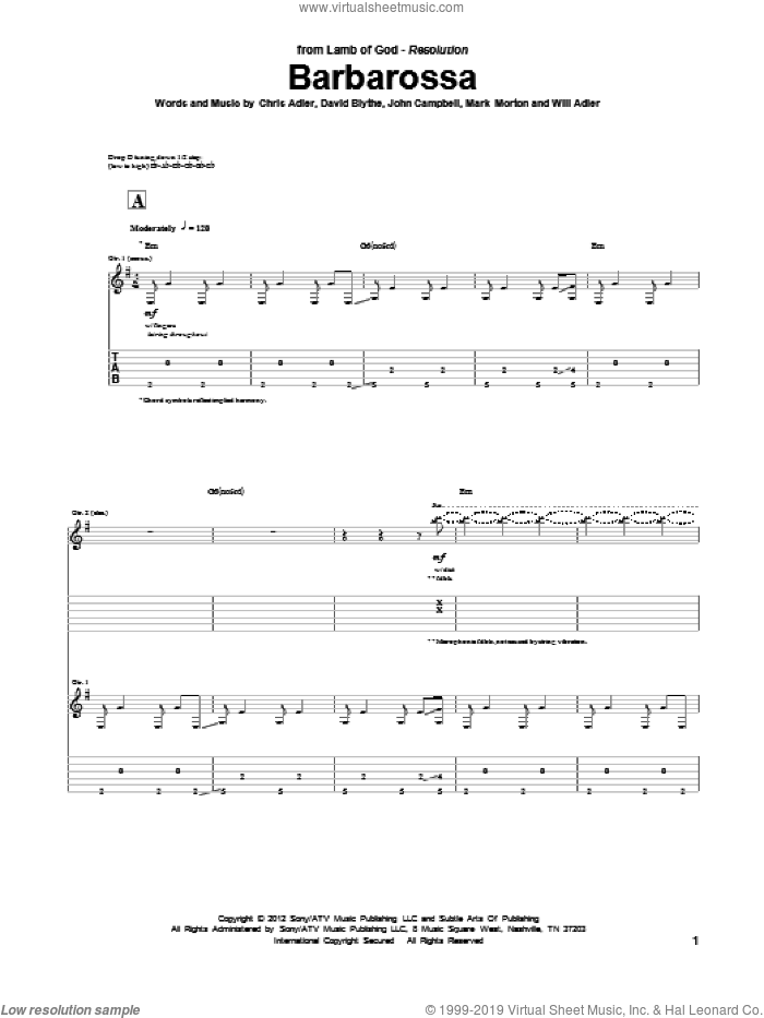Barbarossa sheet music for guitar (tablature) by Lamb Of God, Chris Adler, David Blythe, John Campbell, Mark Morton and Will Adler, intermediate skill level