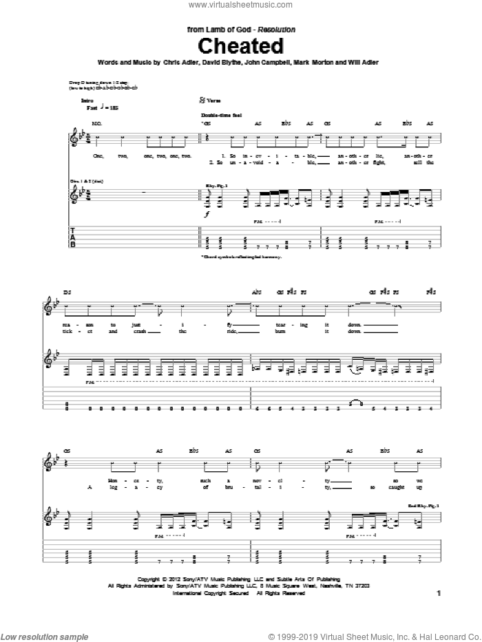 Cheated sheet music for guitar (tablature) by Lamb Of God, Chris Adler, David Blythe, John Campbell, Mark Morton and Will Adler, intermediate skill level
