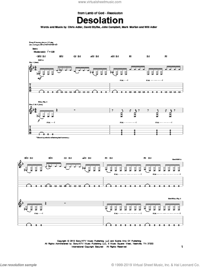 Desolation sheet music for guitar (tablature) by Lamb Of God, Chris Adler, David Blythe, John Campbell, Mark Morton and Will Adler, intermediate skill level