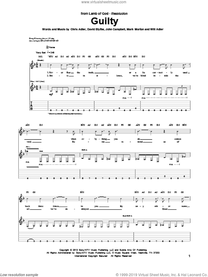 Guilty sheet music for guitar (tablature) by Lamb Of God, Chris Adler, David Blythe, John Campbell, Mark Morton and Will Adler, intermediate skill level