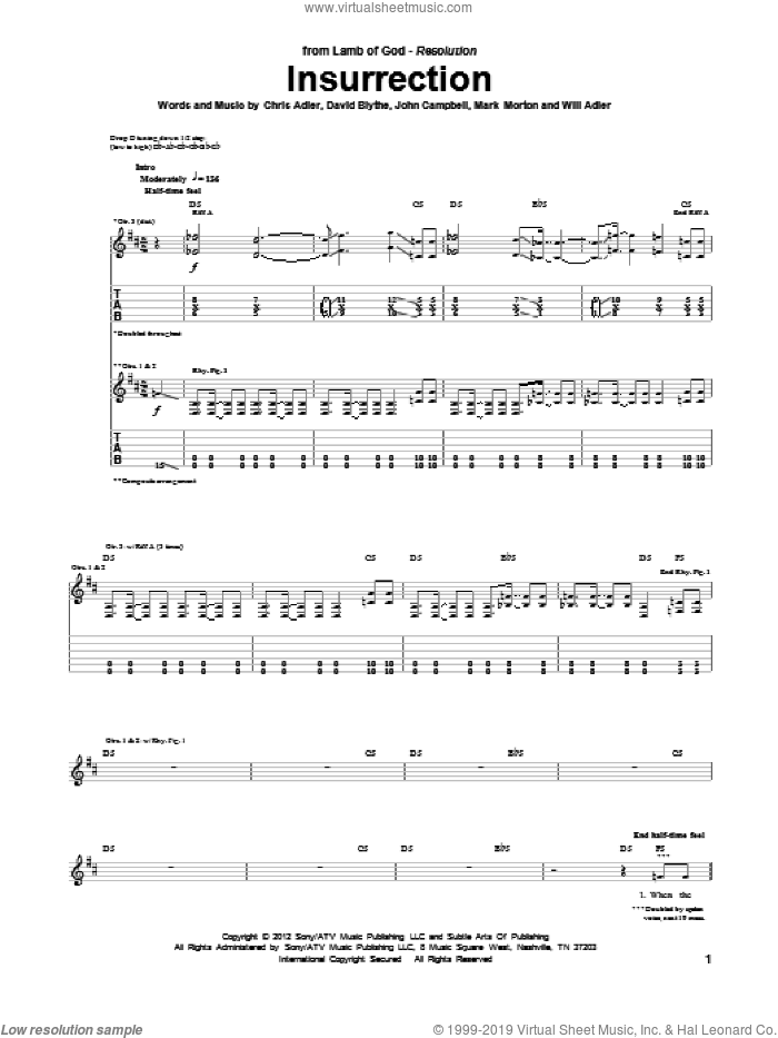 Insurrection sheet music for guitar (tablature) by Lamb Of God, Chris Adler, David Blythe, John Campbell, Mark Morton and Will Adler, intermediate skill level