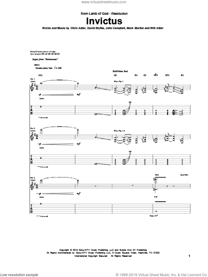 Invictus sheet music for guitar (tablature) by Lamb Of God, Chris Adler, David Blythe, John Campbell, Mark Morton and Will Adler, intermediate skill level