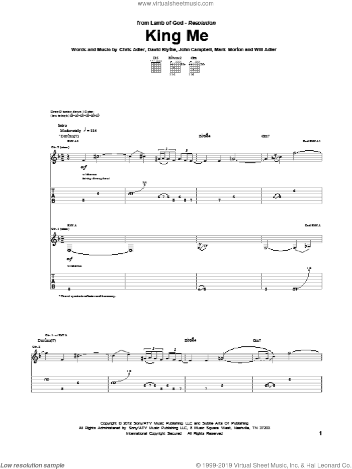 King Me sheet music for guitar (tablature) by Lamb Of God, Chris Adler, David Blythe, John Campbell, Mark Morton and Will Adler, intermediate skill level