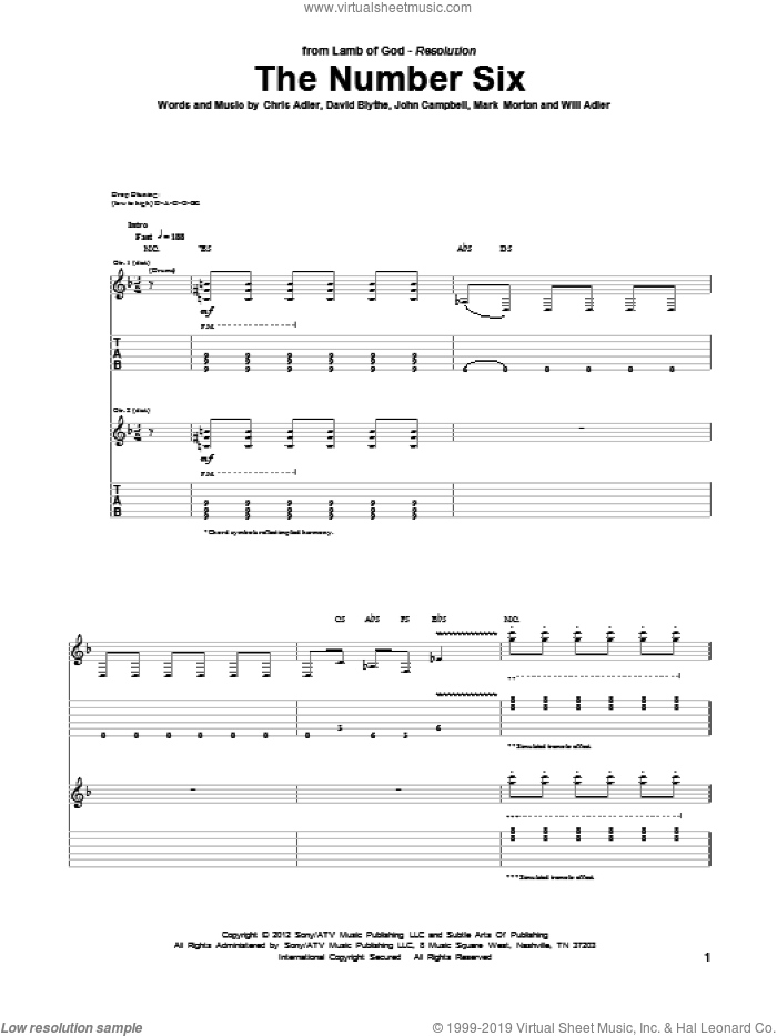 The Number Six sheet music for guitar (tablature) by Lamb Of God, Chris Adler, David Blythe, John Campbell, Mark Morton and Will Adler, intermediate skill level