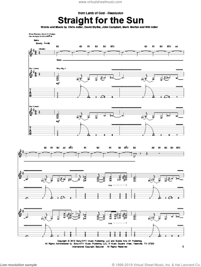 Straight For The Sun sheet music for guitar (tablature) by Lamb Of God, Chris Adler, David Blythe, John Campbell, Mark Morton and Will Adler, intermediate skill level