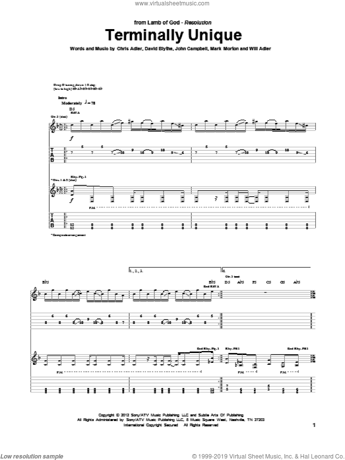 Terminally Unique sheet music for guitar (tablature) by Lamb Of God, Chris Adler, David Blythe, John Campbell, Mark Morton and Will Adler, intermediate skill level