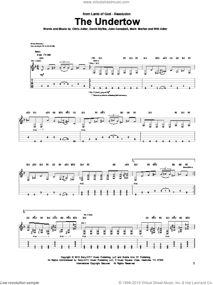 The Undertow sheet music for guitar (tablature) by Lamb Of God, Chris Adler, David Blythe, John Campbell, Mark Morton and Will Adler, intermediate skill level