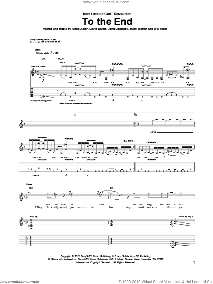 To The End sheet music for guitar (tablature) by Lamb Of God, Chris Adler, David Blythe, John Campbell, Mark Morton and Will Adler, intermediate skill level