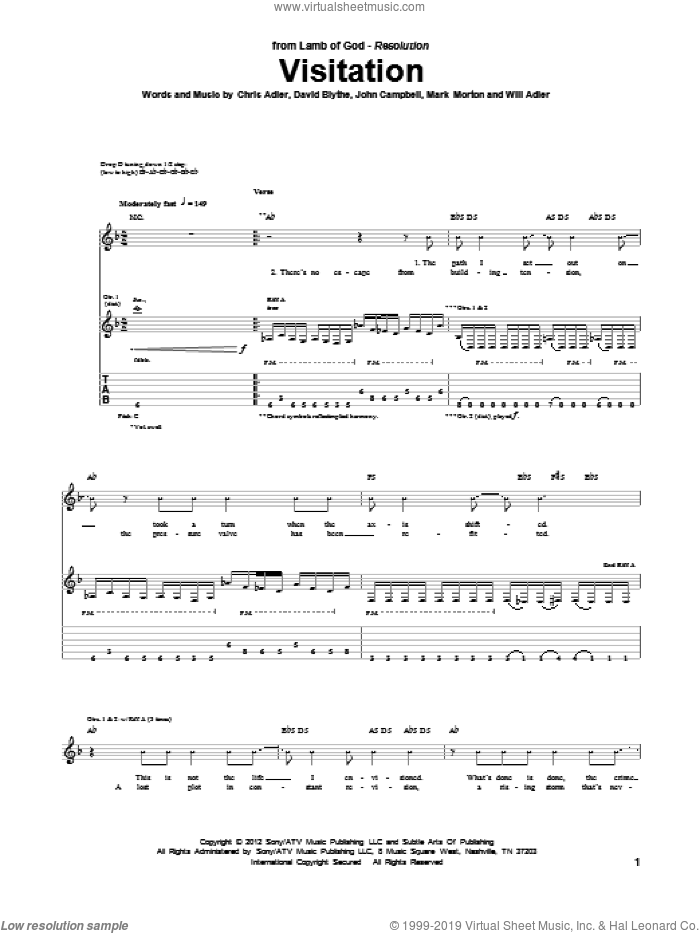 Visitation sheet music for guitar (tablature) by Lamb Of God, Chris Adler, David Blythe, John Campbell, Mark Morton and Will Adler, intermediate skill level