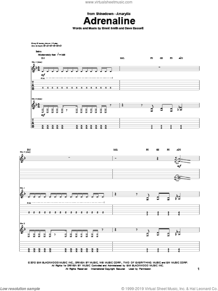 Adrenaline sheet music for guitar (tablature) by Shinedown, Brent Smith and Dave Bassett, intermediate skill level