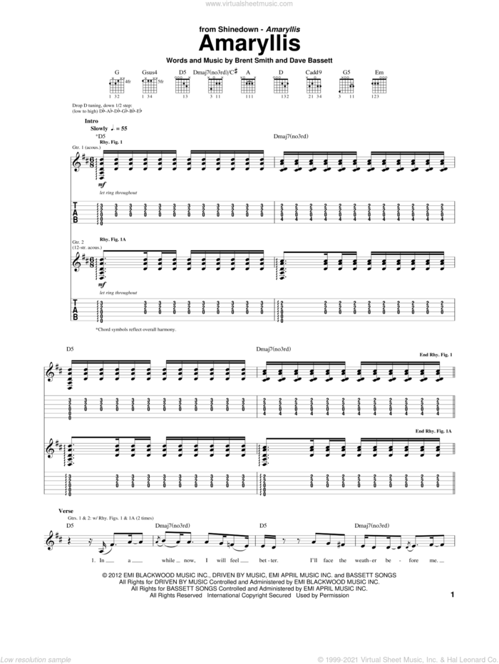 Amaryllis sheet music for guitar (tablature) by Shinedown, Brent Smith and Dave Bassett, intermediate skill level