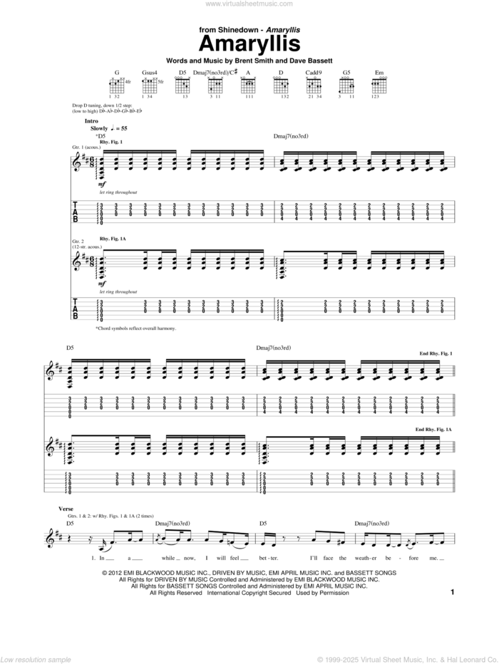 Amaryllis sheet music for guitar (tablature) by Shinedown, Brent Smith and Dave Bassett, intermediate skill level