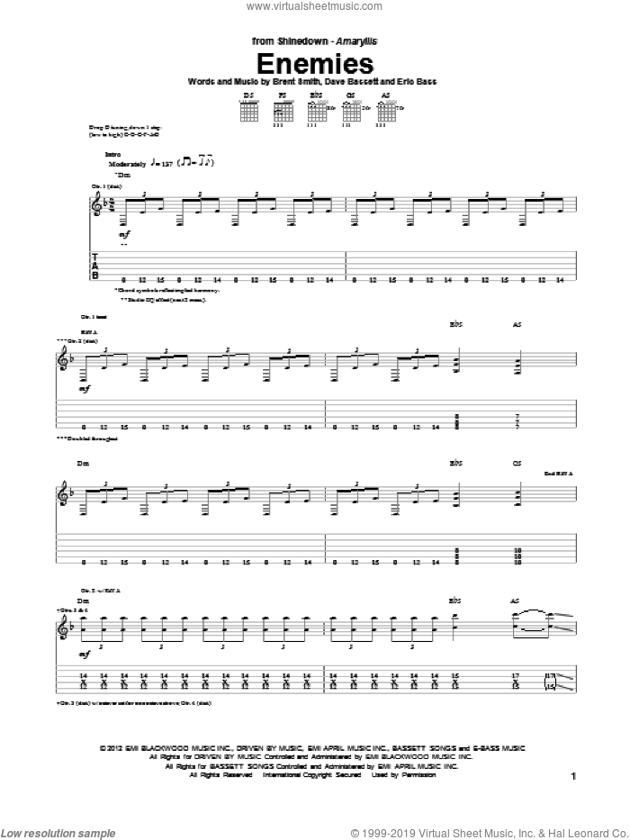 Enemies sheet music for guitar (tablature) by Shinedown, Brent Smith, Dave Bassett and Eric Bass, intermediate skill level