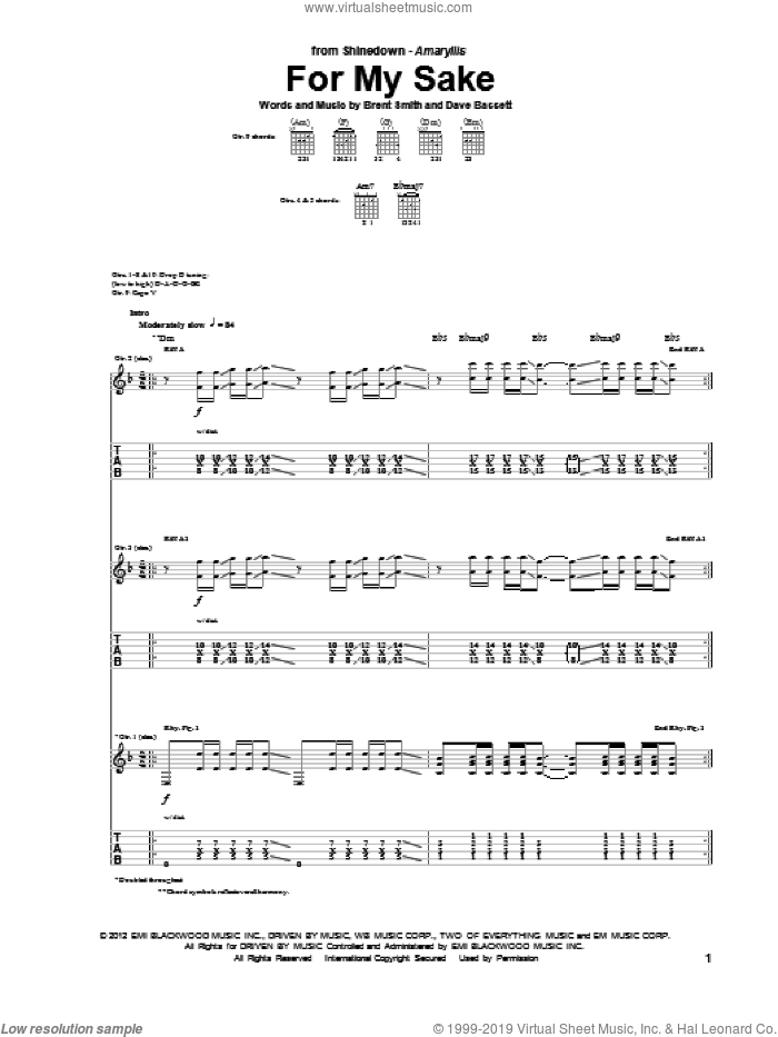 For My Sake sheet music for guitar (tablature) by Shinedown, Brent Smith and Dave Bassett, intermediate skill level