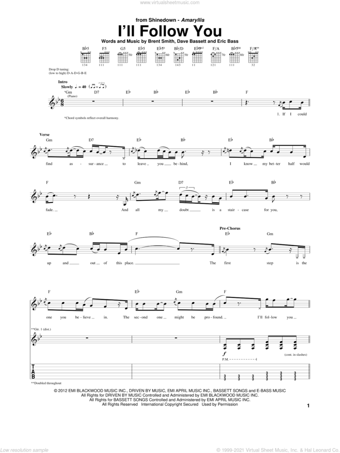 I'll Follow You sheet music for guitar (tablature) by Shinedown, Brent Smith, Dave Bassett and Eric Bass, intermediate skill level