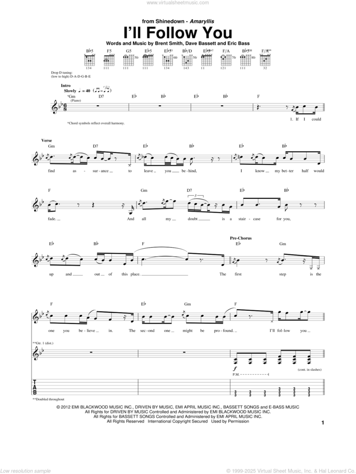 I'll Follow You sheet music for guitar (tablature) by Shinedown, Brent Smith, Dave Bassett and Eric Bass, intermediate skill level