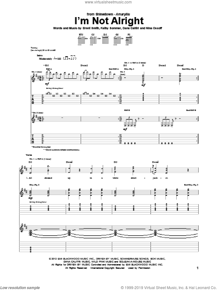 I'm Not Alright sheet music for guitar (tablature) by Shinedown, Brent Smith, Dana Calitri, Kathy Sommer and Nina Ossoff, intermediate skill level