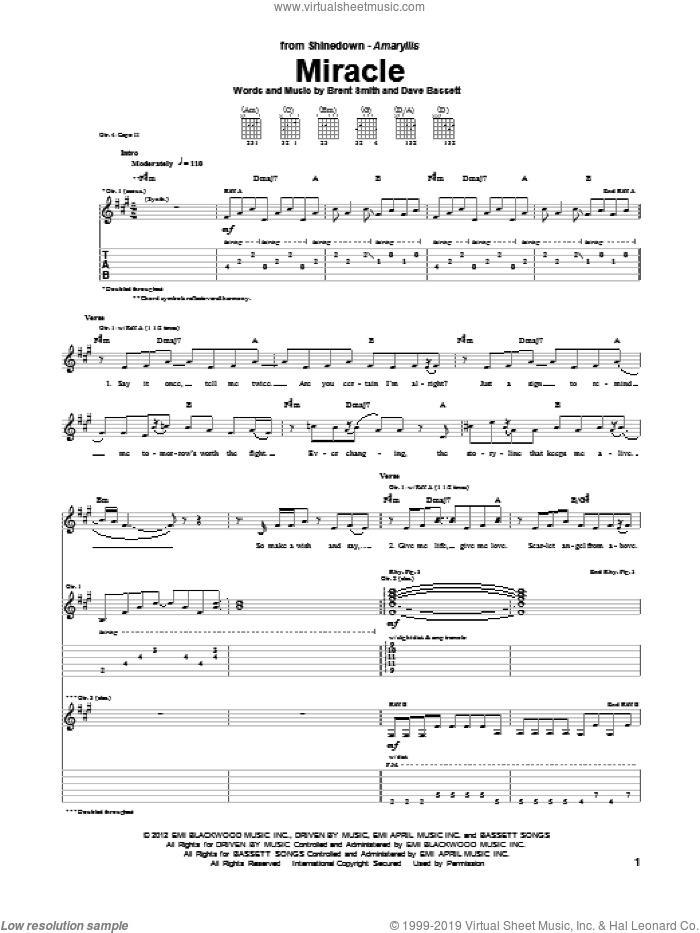 Miracle sheet music for guitar (tablature) by Shinedown, Brent Smith and Dave Bassett, intermediate skill level