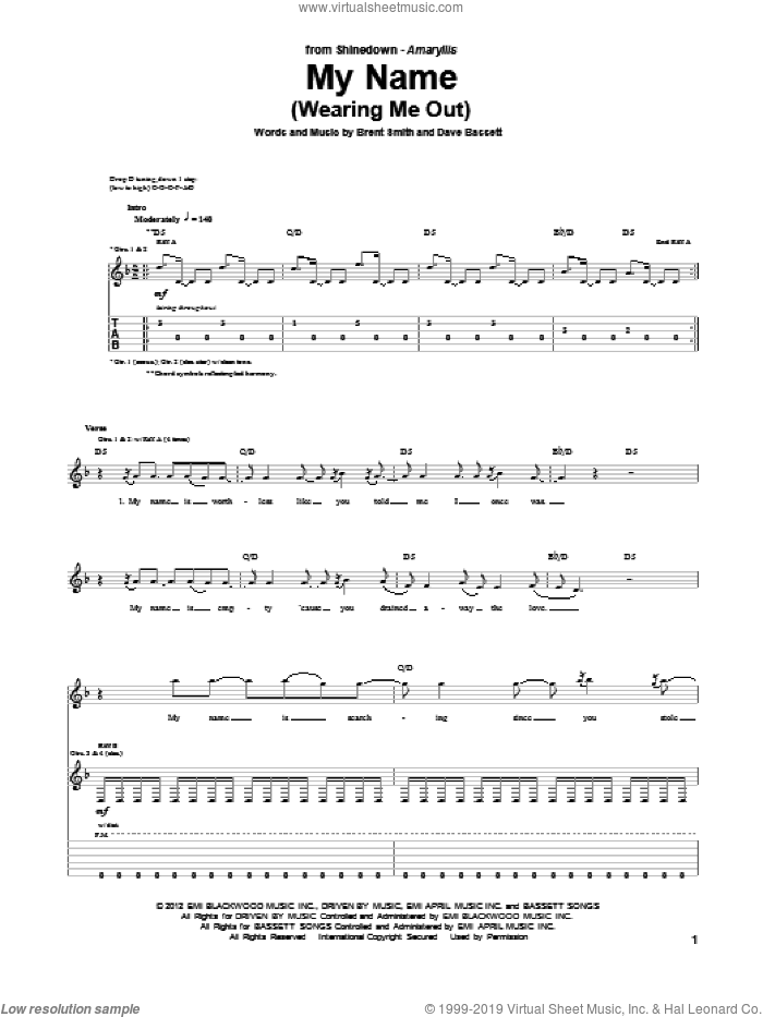 My Name (Wearing Me Out) sheet music for guitar (tablature) by Shinedown, Brent Smith and Dave Bassett, intermediate skill level