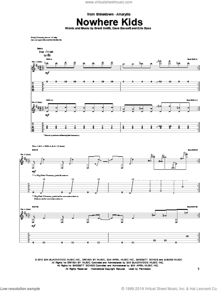 Nowhere Kids sheet music for guitar (tablature) by Shinedown, Brent Smith, Dave Bassett and Eric Bass, intermediate skill level