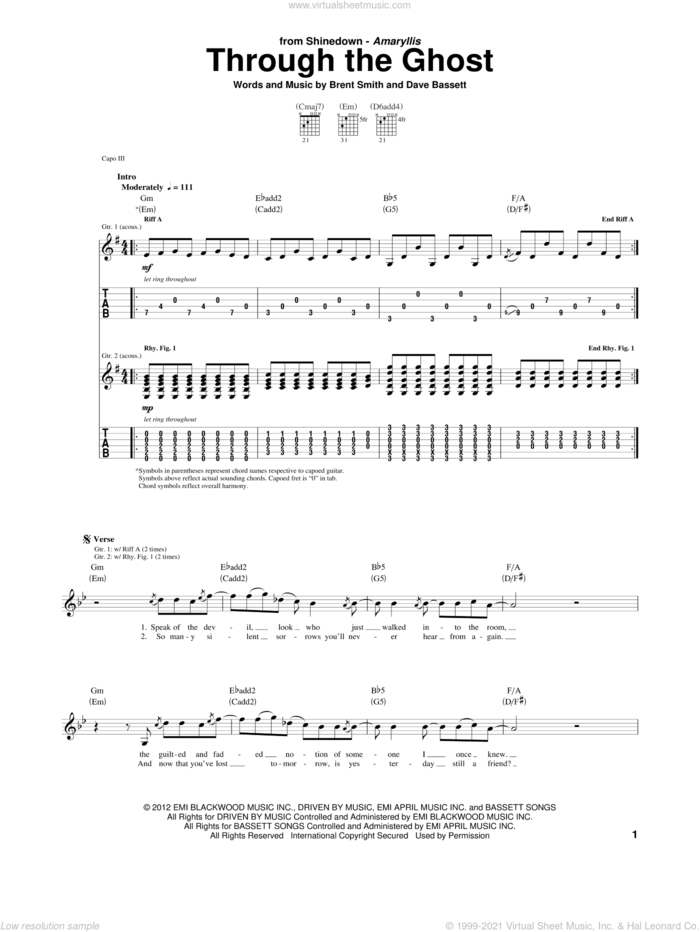 Through The Ghost sheet music for guitar (tablature) by Shinedown, Brent Smith and Dave Bassett, intermediate skill level