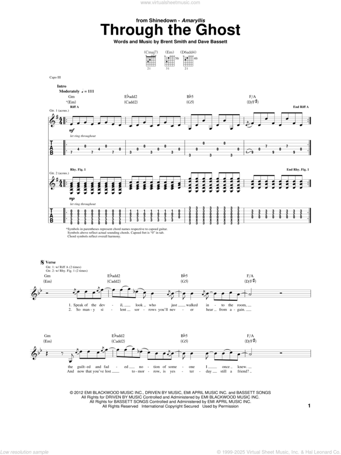 Through The Ghost sheet music for guitar (tablature) by Shinedown, Brent Smith and Dave Bassett, intermediate skill level