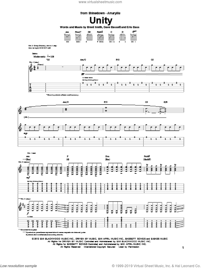 Unity sheet music for guitar (tablature) by Shinedown, Brent Smith, Dave Bassett and Eric Bass, intermediate skill level