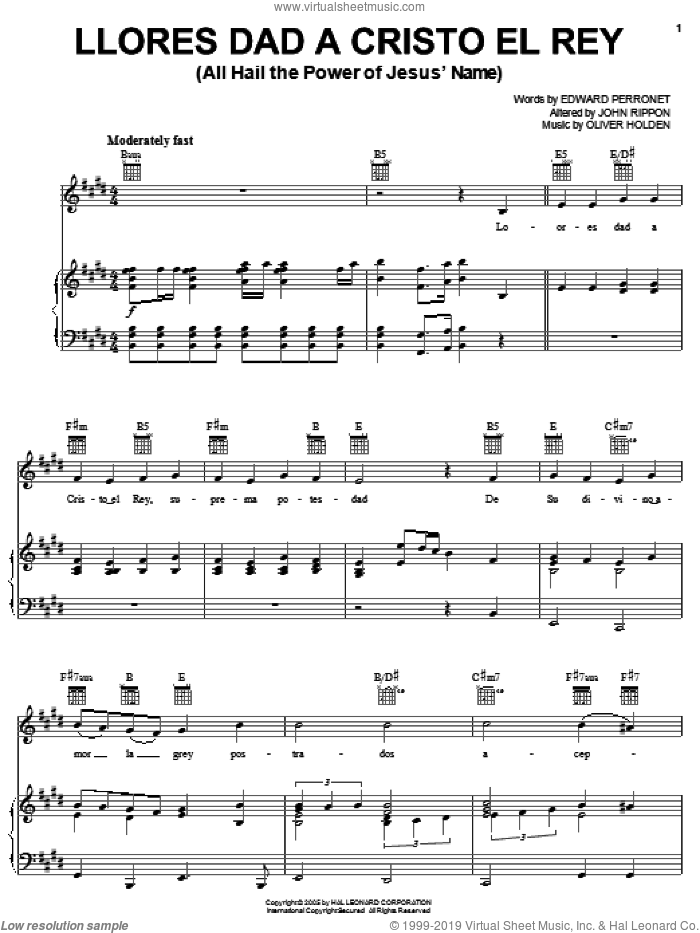Llores Dad A Cristo El Rey (All Hail The Power Of Jesus' Name) sheet music for voice, piano or guitar by Edward Perronet, John Rippon and Oliver Holden, intermediate skill level