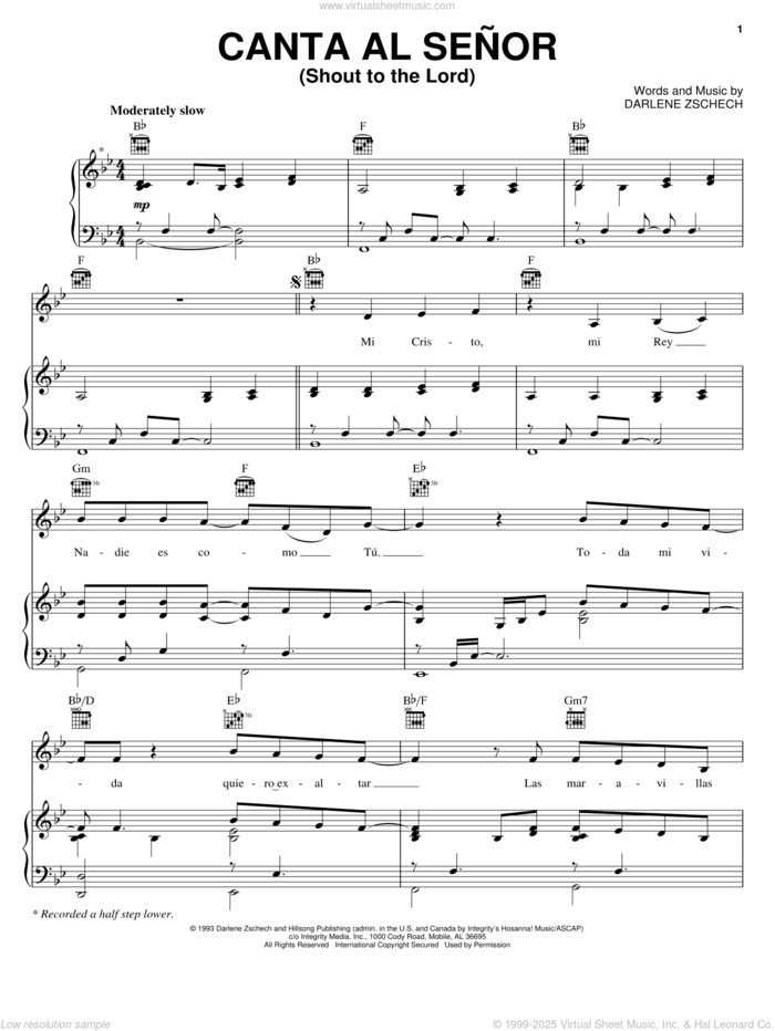 Canta Al Senor (Shout To The Lord) sheet music for voice, piano or guitar by Carman and Darlene Zschech, intermediate skill level