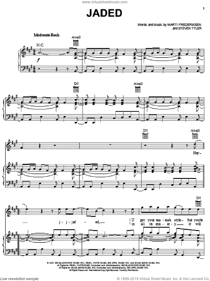 Jaded sheet music for voice, piano or guitar by Aerosmith, Marti Frederiksen and Steven Tyler, intermediate skill level