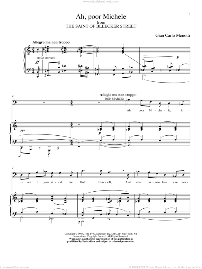 Ah, Poor Michele sheet music for voice and piano by Gian Carlo Menotti, classical score, intermediate skill level