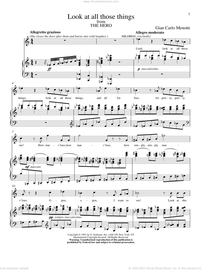 Look At All Those Things sheet music for voice and piano by Gian Carlo Menotti, classical score, intermediate skill level