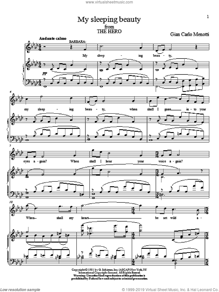 My Sleeping Beauty sheet music for voice and piano by Gian Carlo Menotti, classical score, intermediate skill level