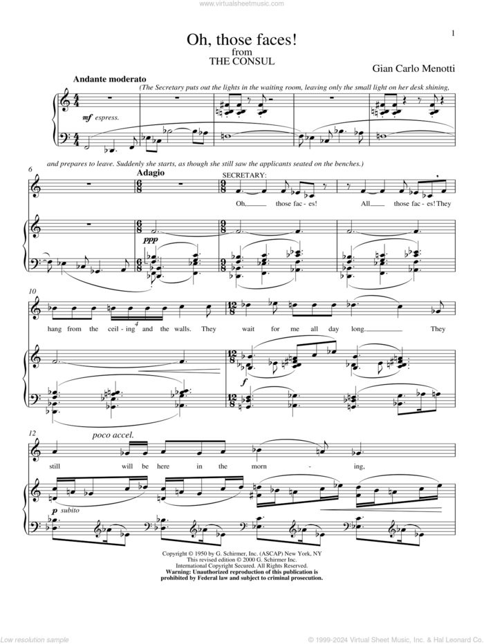 Oh, Thoses Faces! sheet music for voice and piano by Gian Carlo Menotti, classical score, intermediate skill level