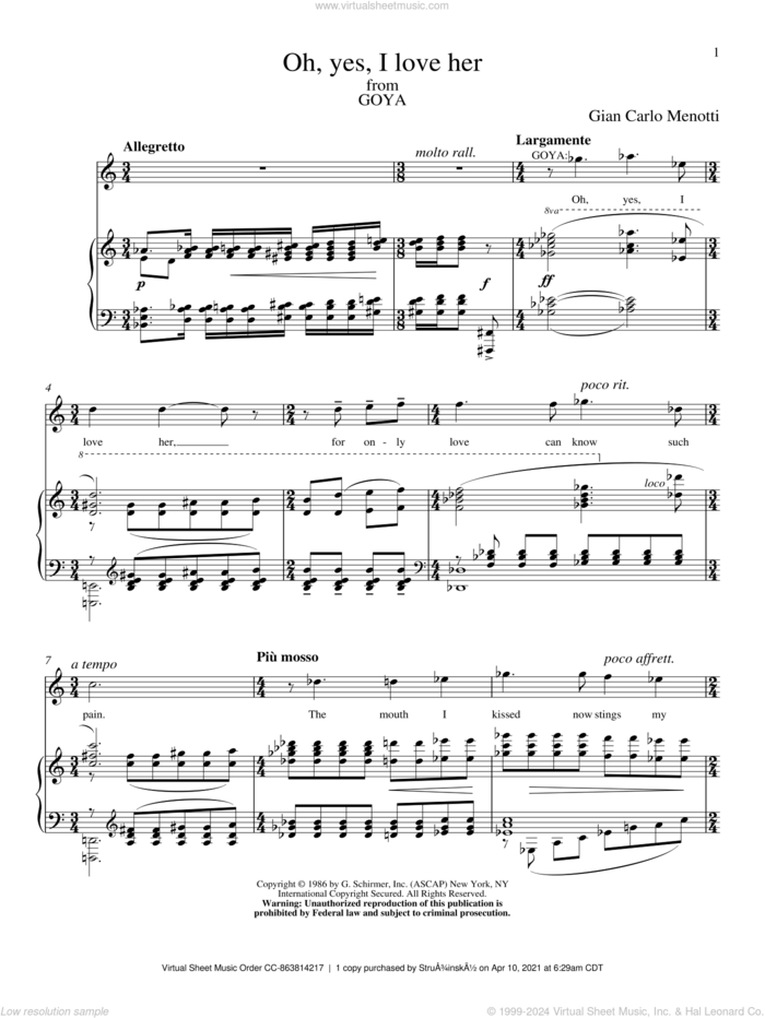 Oh, Yes, I Love Her sheet music for voice and piano by Gian Carlo Menotti, classical score, intermediate skill level