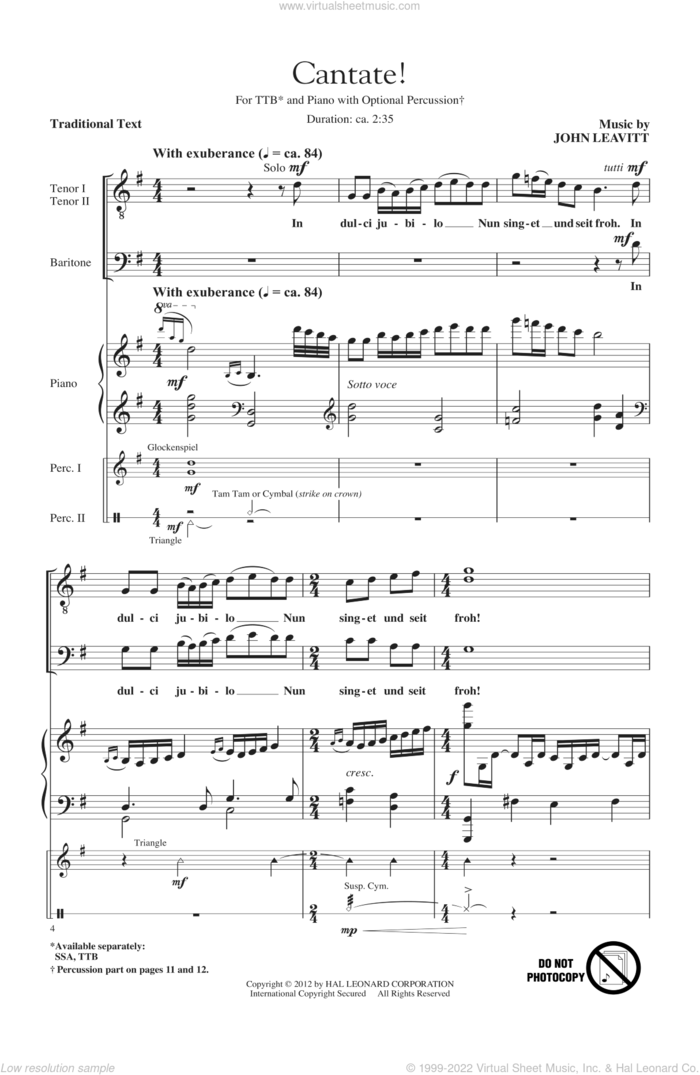 Cantate! sheet music for choir (TTBB: tenor, bass) by John Leavitt, intermediate skill level