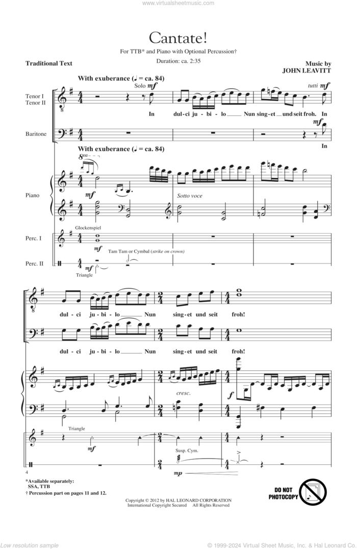 Cantate! sheet music for choir (TTBB: tenor, bass) by John Leavitt, intermediate skill level