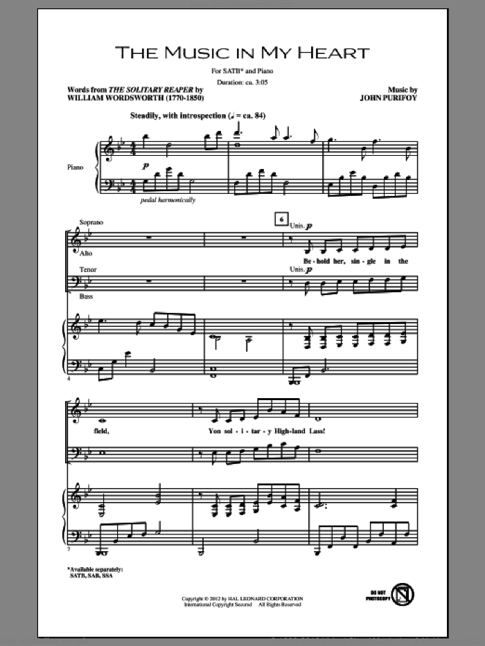The Music In My Heart sheet music for choir (SATB: soprano, alto, tenor, bass) by John Purifoy and William Wordsworth, intermediate skill level