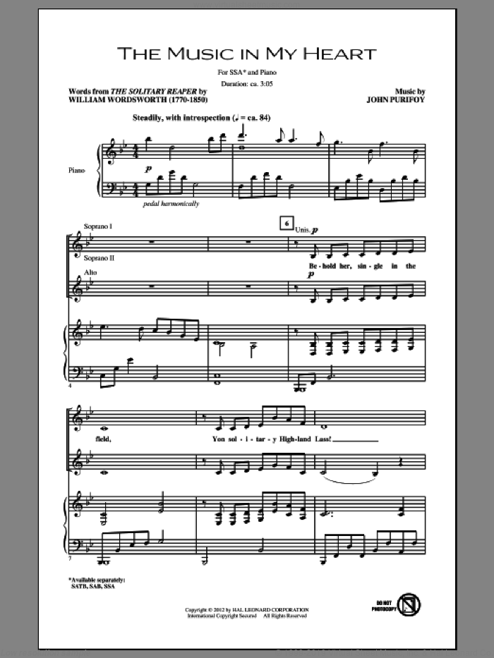 The Music In My Heart sheet music for choir (SSA: soprano, alto) by John Purifoy and William Wordsworth, intermediate skill level